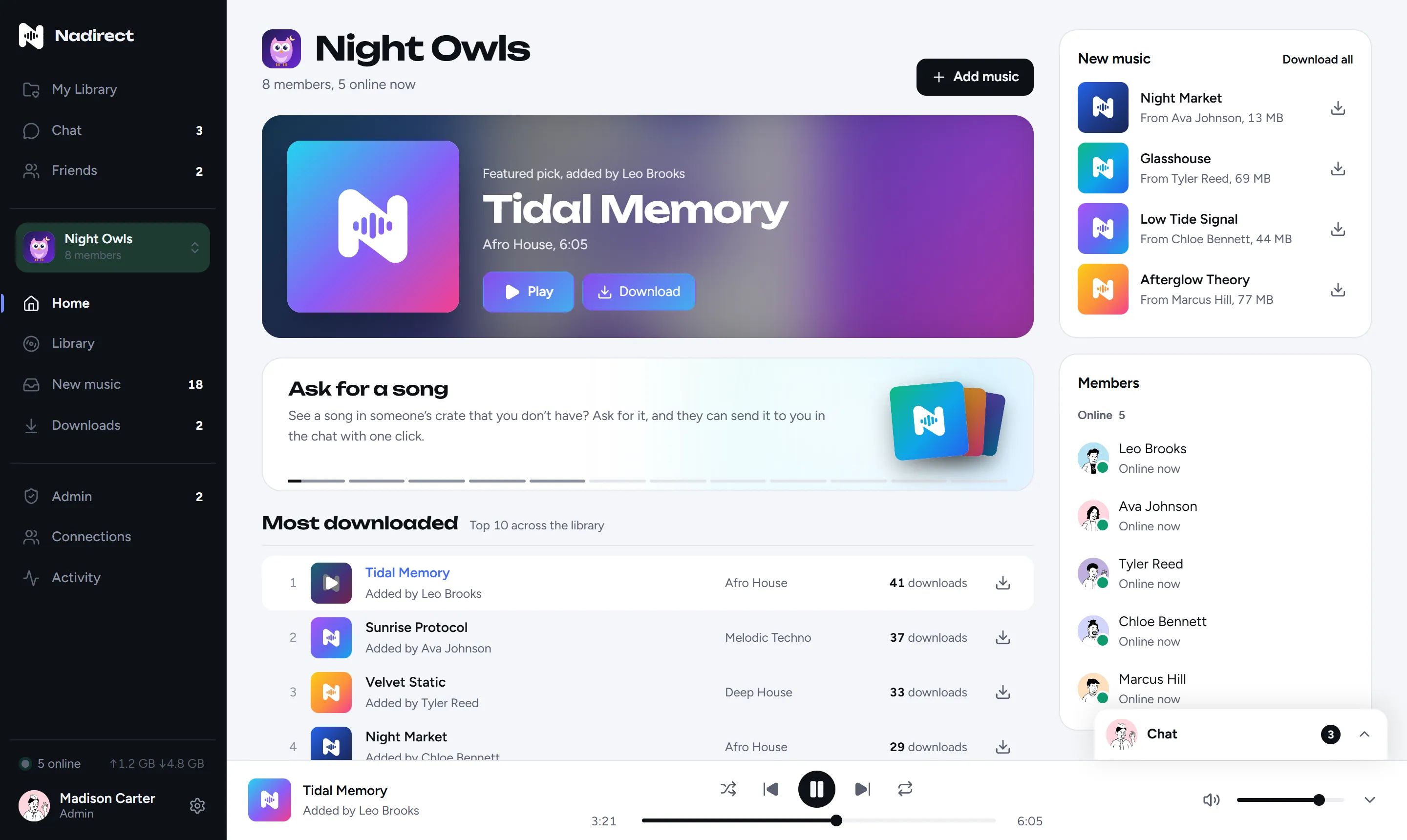 Nadirect's Home screen: the group's featured pick, new music from the crew, who's online and the most downloaded songs