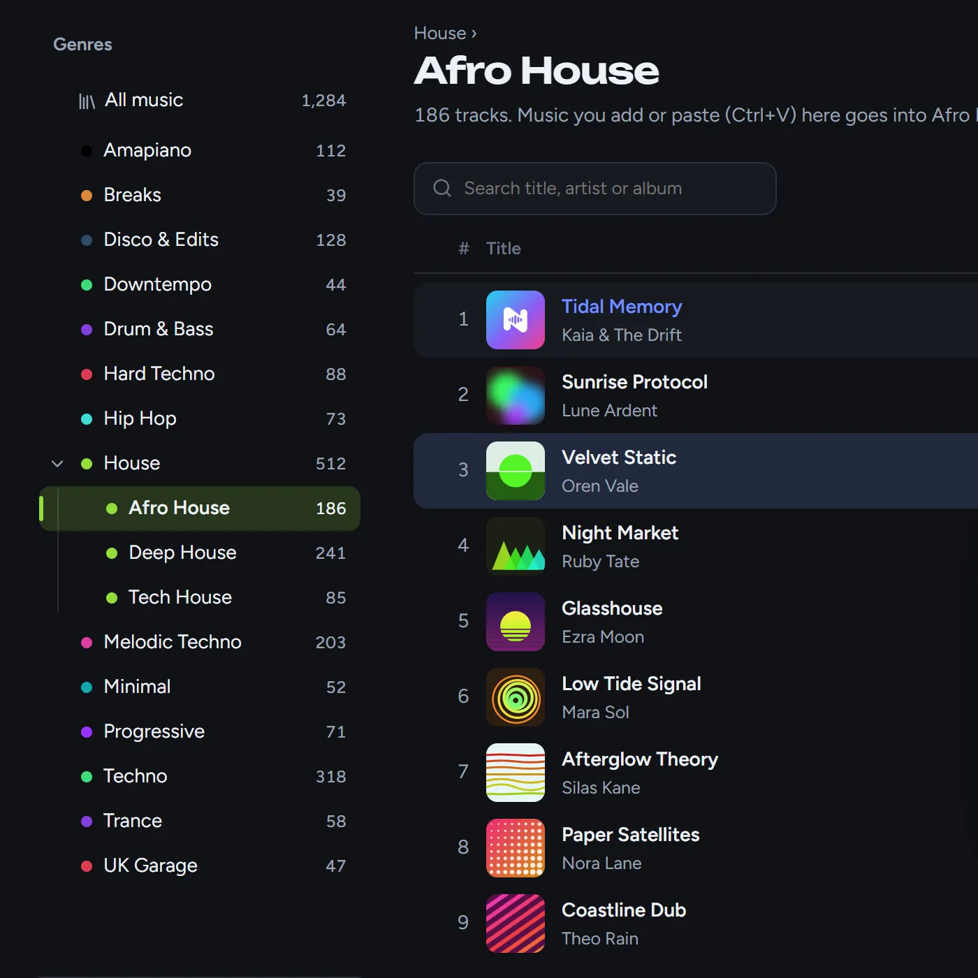 The Library: genres on the left, nested like House and Afro House, and the songs in Afro House with their covers