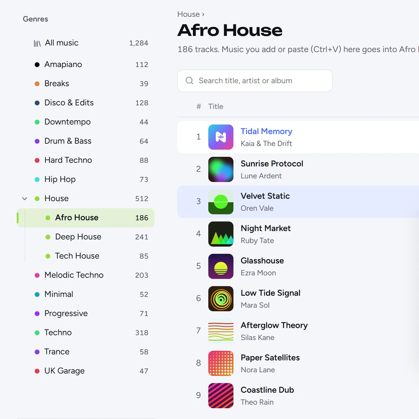 The Library: genres on the left, nested like House and Afro House, and the songs in Afro House with their covers