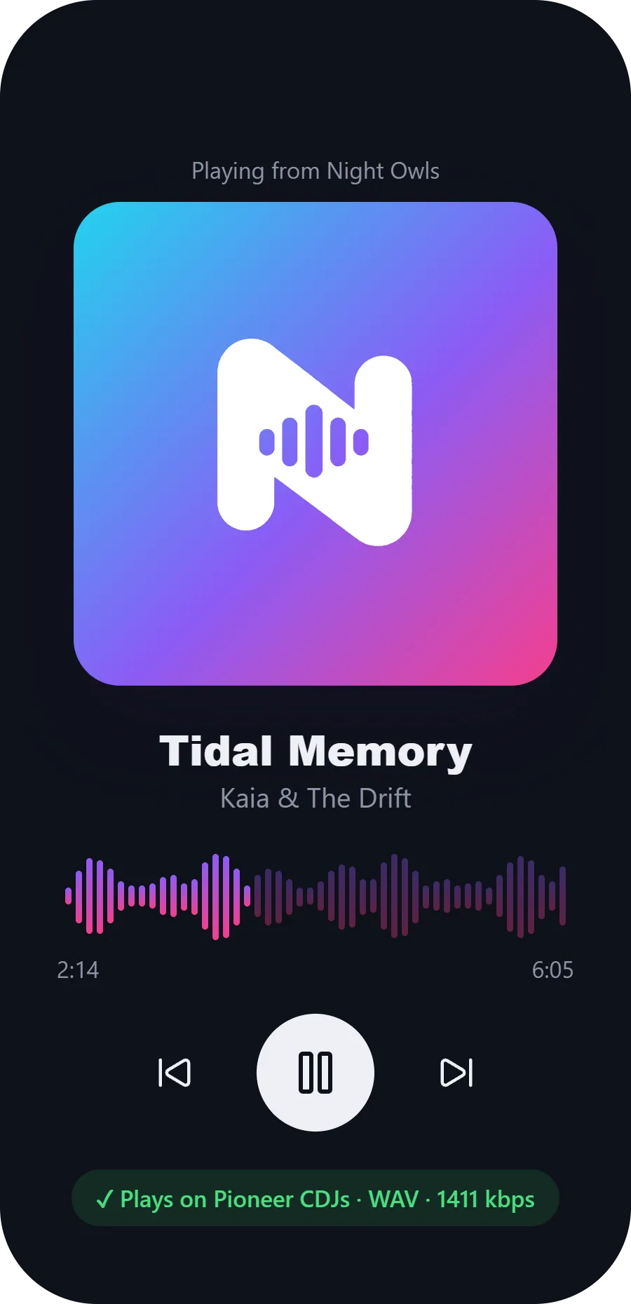 A song playing on a phone, with its waveform and Plays on Pioneer CDJs