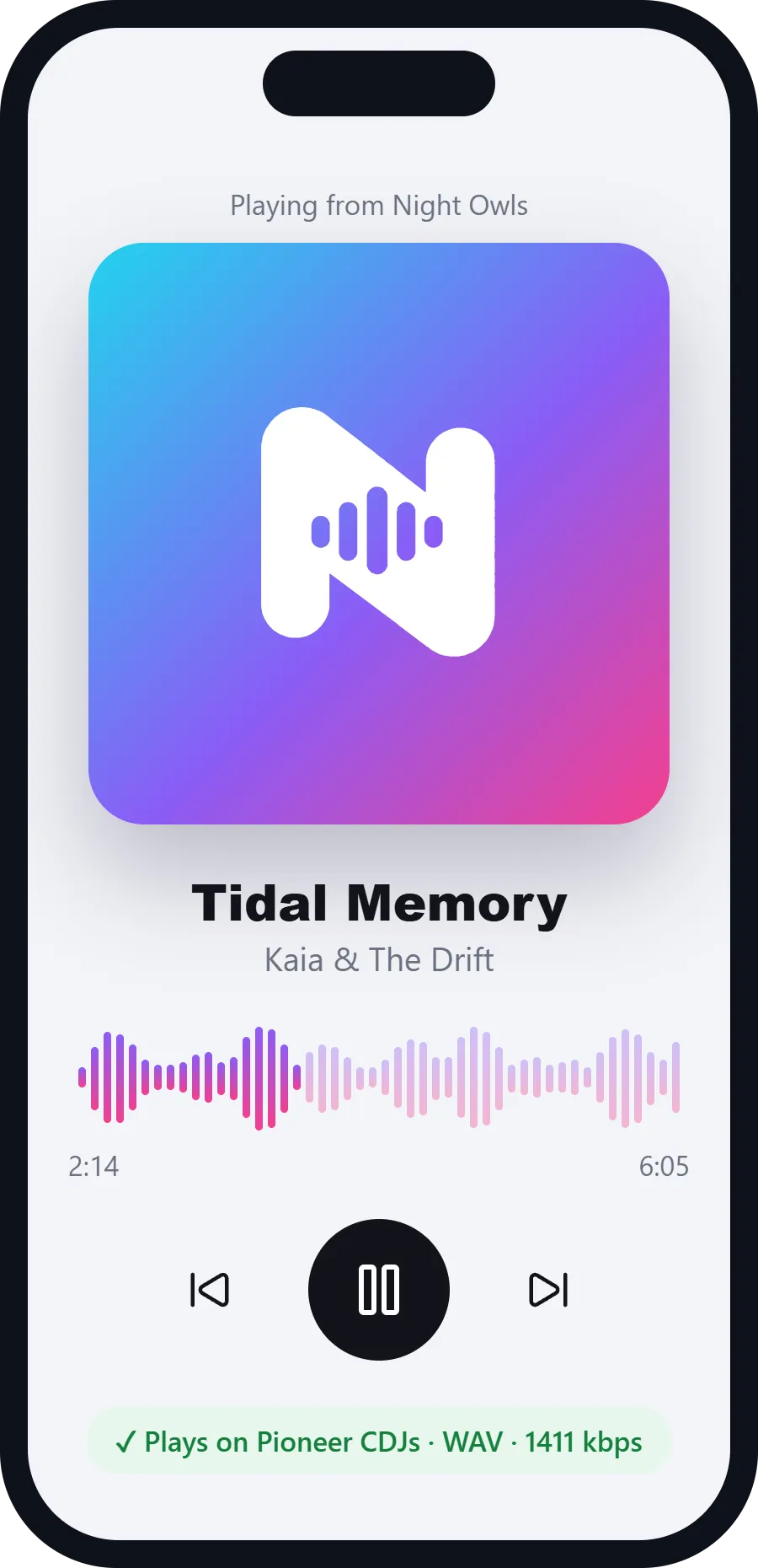 A song playing on a phone, with its waveform and Plays on Pioneer CDJs